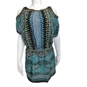 Blue Paisley Cold Shoulder Studded Mini Dress Blouson Tunic Top Teal Boho
